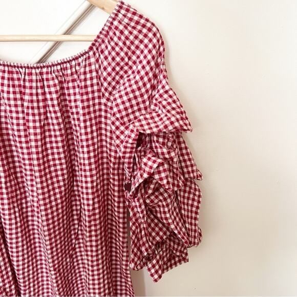 Zara Off the Shoulder Gingham Dress Red White Tiered Ruffle Sleeve Size M - Picture 4 of 10